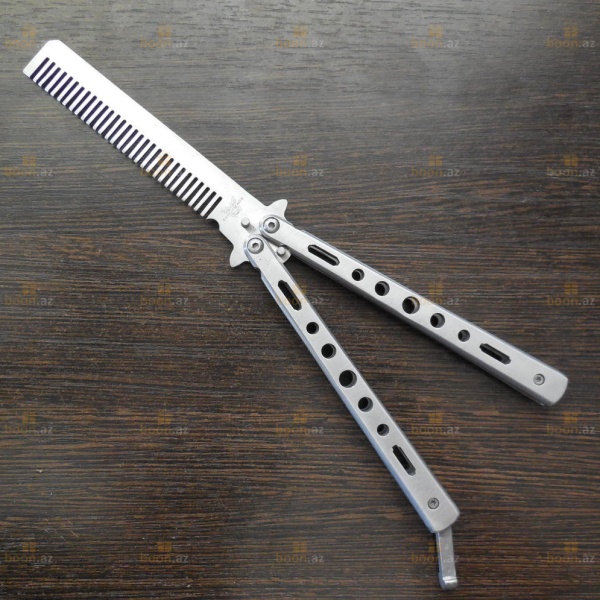 Расческа нож бабочка для волос и бороды (серебряный)